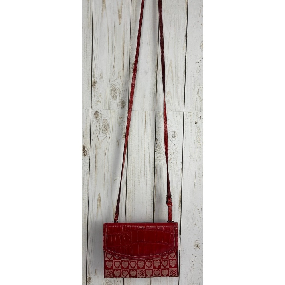 Brighton Red Croc Embossed Leather Heart Canvas Crossbody Organizer Wallet Bag